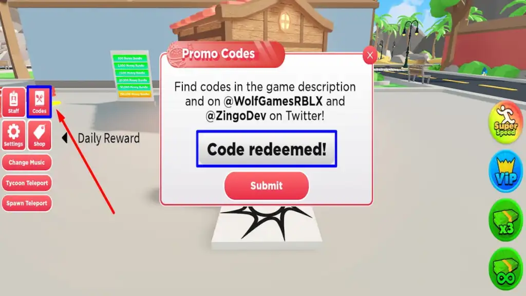 Redeem text box for Roblox Burger Tycoon