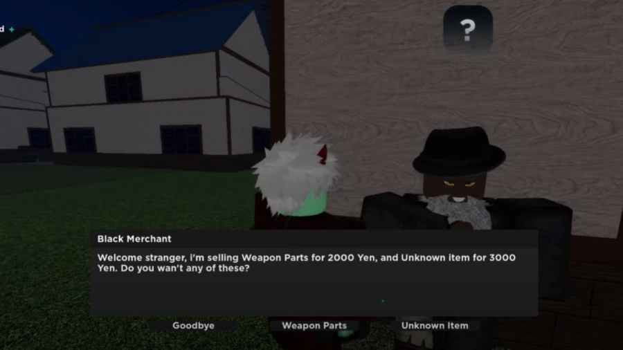 A player interacting with a merchant in Roblox Demonfall