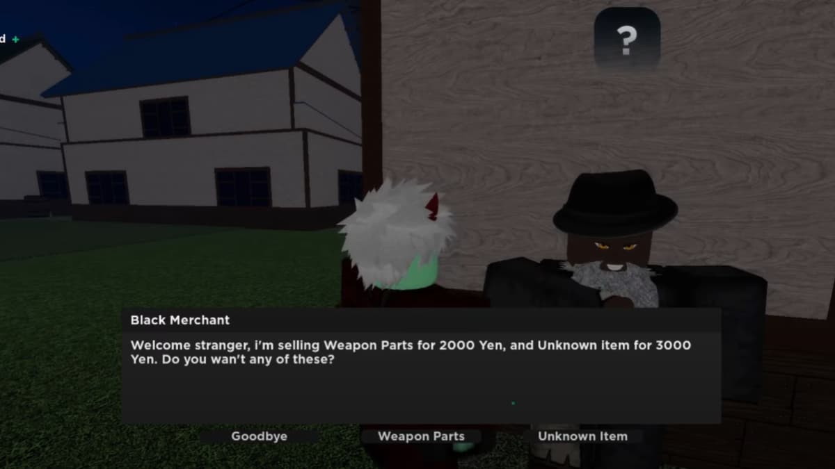 A player interacting with a merchant in Roblox Demonfall