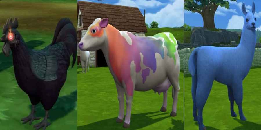 evil hen, rainbow cow, blue llama