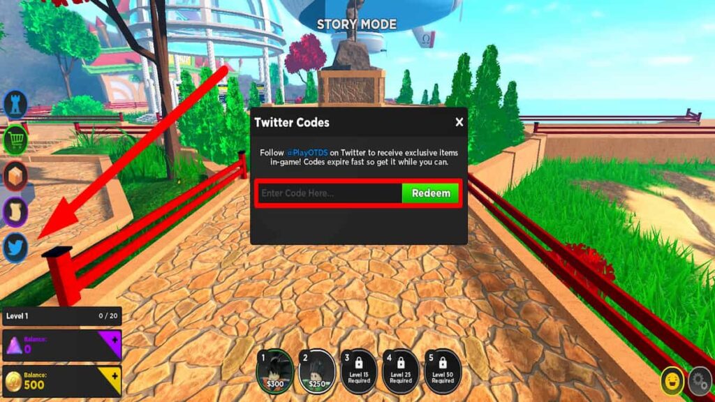 Redeem code text box for Roblox Omega Tower Defense Simulator