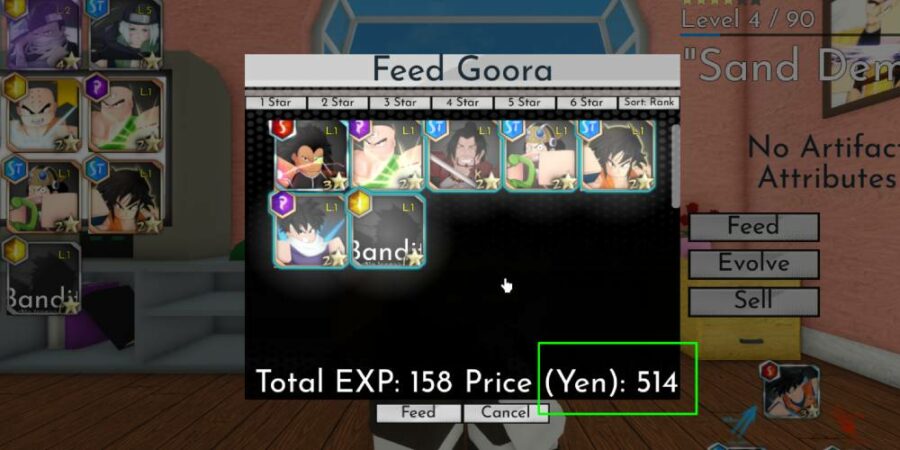 The yen price of Feeding in Roblox Anime Warriors