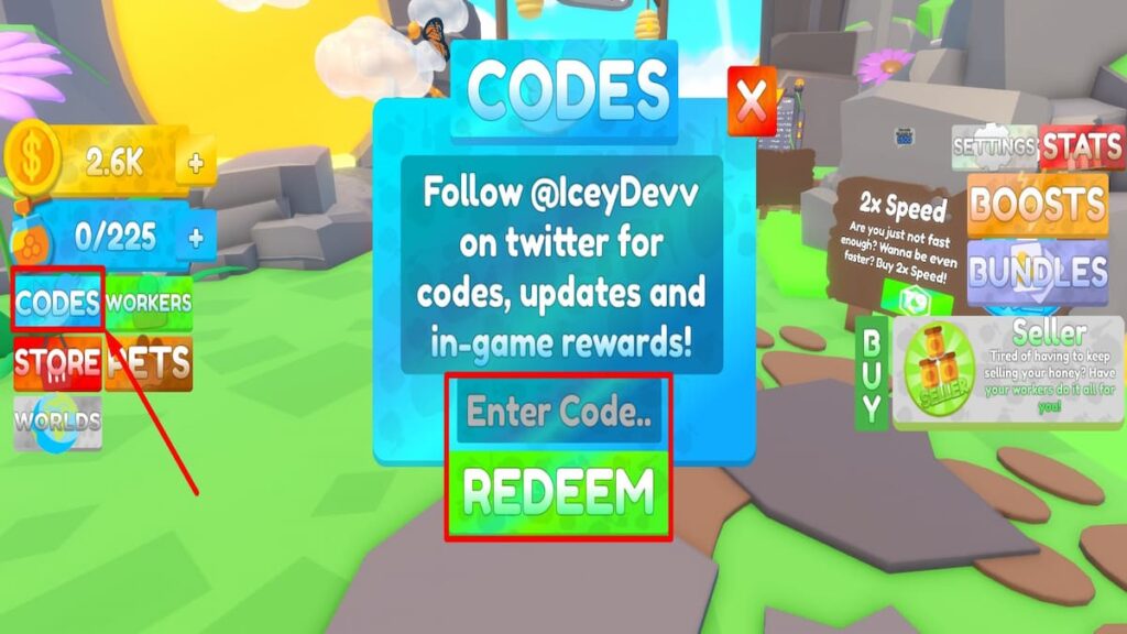 Redeem code text box for Roblox BeeFarm