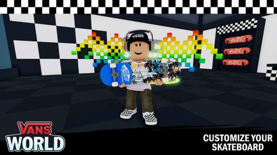 Roblox Vans World character with skateboard in hands