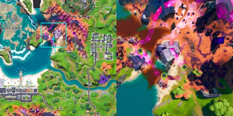 The locations of Desert Sand bottles in the wreckage west of Pleasant Park.