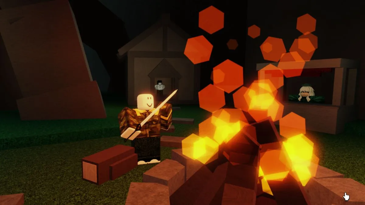 A player by a campfire in Roblox Verdant Moon