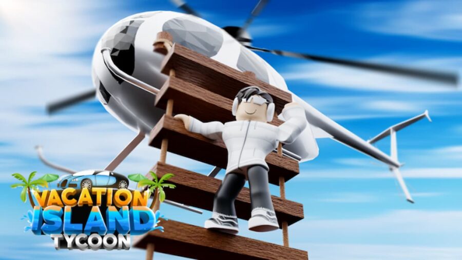Roblox Vacation Island Tycoon character on a Helicopter