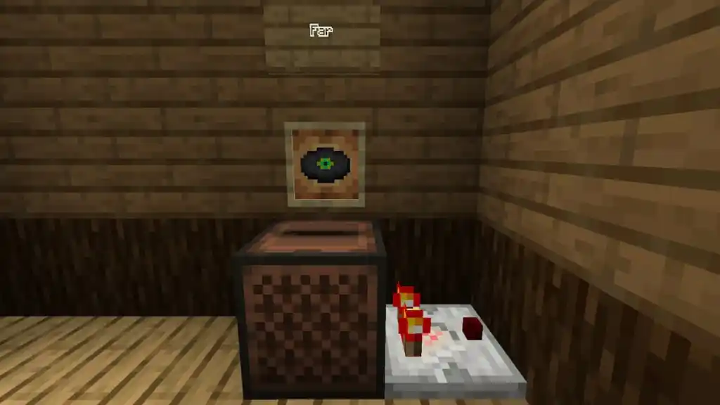 A Jukebox playing the Far music disk next to a Redstone Comparator