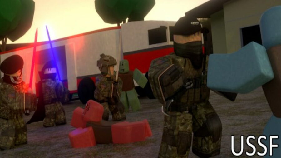 Characters fighting zombie in Roblox Zombie Uprising