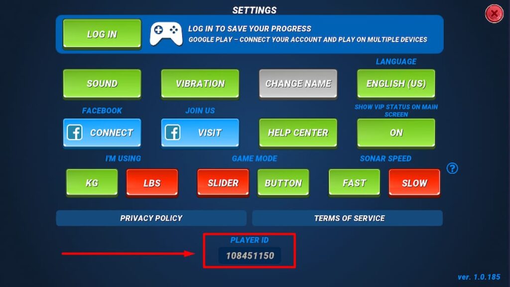 Fishing Clash settings menu options