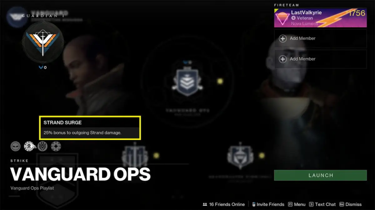 Vanguard Ops screen with the "Strand Surge- 25% to outgoing Strand damage" icon highlighted