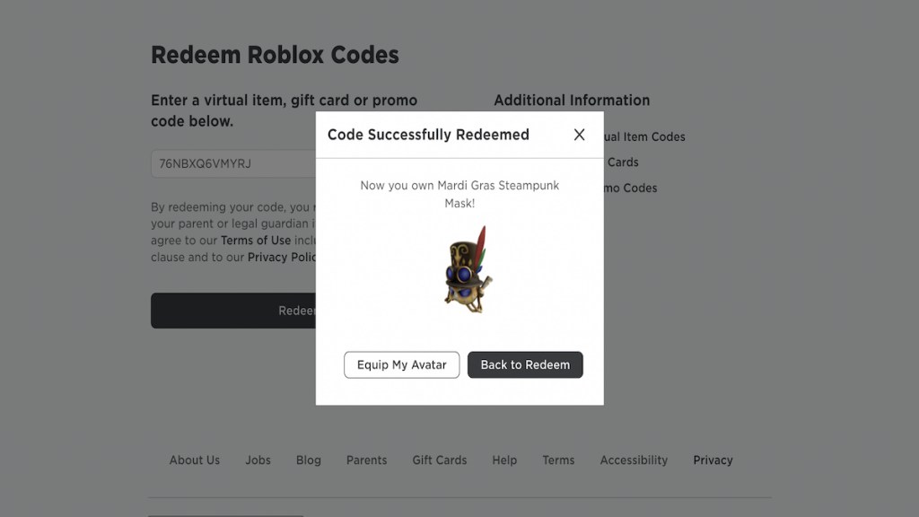 Roblox - Mardi Gras Steampunk Mask  Prime Gaming CD Key