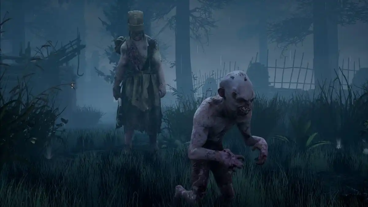 Dead by Daylight Killer the Twins Victor and Charlotte running around the Red Forest map