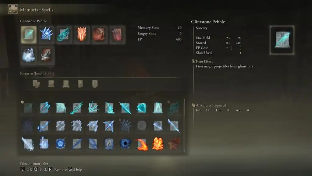 The Memorized Spells and Memory Slots section in Elden Ring