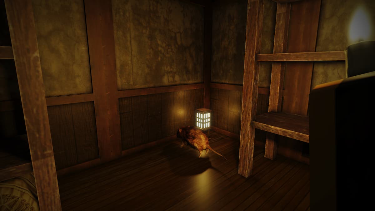 A small environmental detail in The Mimic Book II A small rat beside a lantern in a wooden room in The Mimic Book II