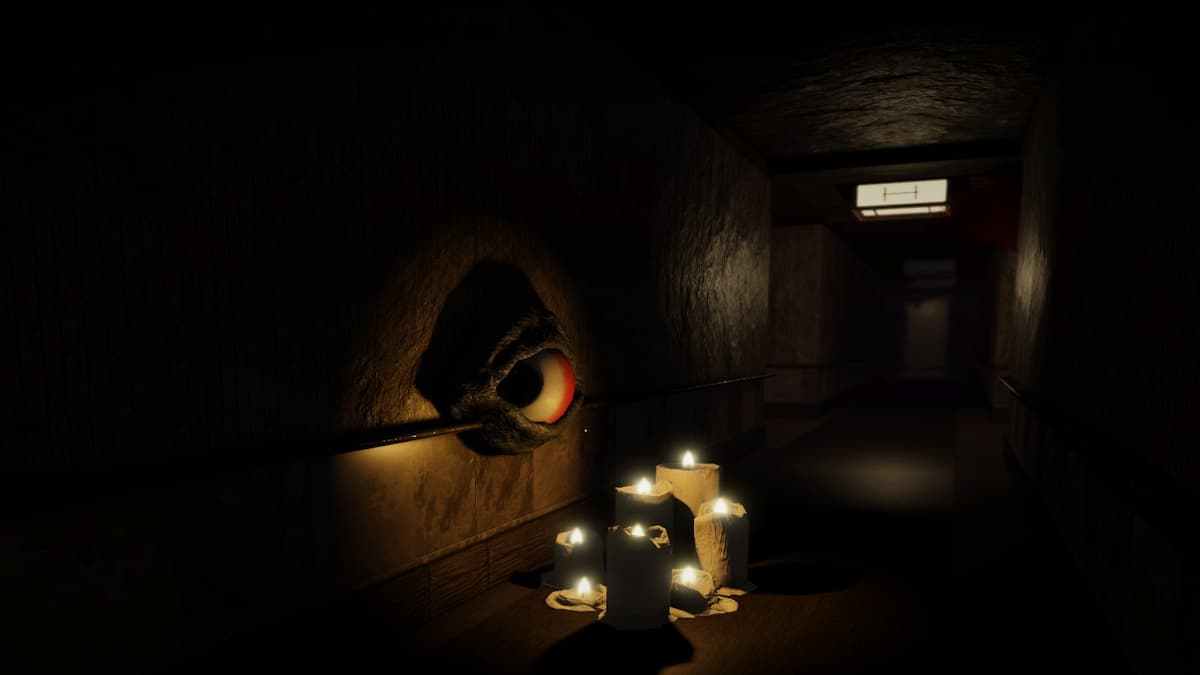 The Mimic puzzle corridor — related horror-game imagery A dark Roblox The Mimic corridor with candles beside a grotesque eye in the wall