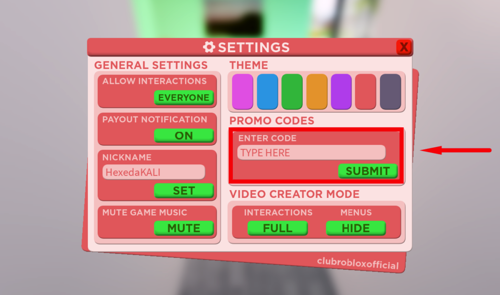 Redeem code text box for Club Roblox