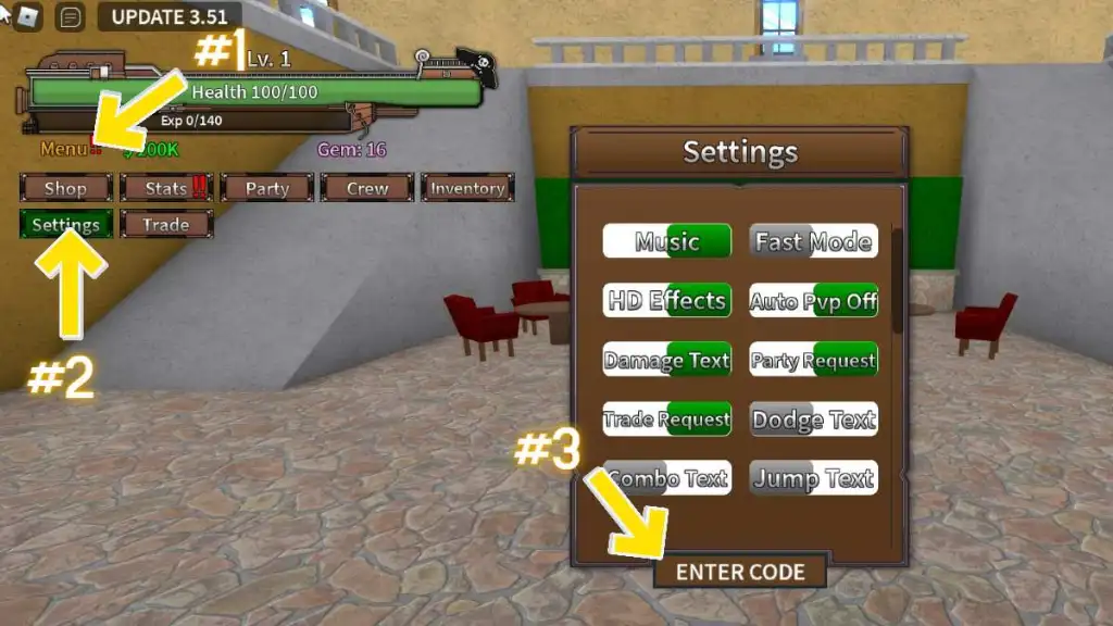 Roblox King Legacy Code Redemption Instructions: Click thực đơn button, then click settings, then click the text box that says ENTER CODE