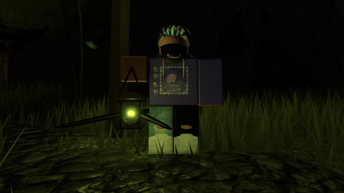 The Mimic lantern and low-visibility exploration A Roblox avatar carries a glowing green lantern through a dark area in The Mimic