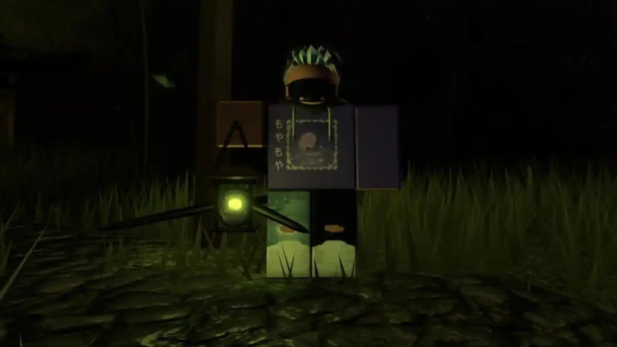 Lantern exploration in The Mimic A Roblox avatar holding a glowing lantern while exploring a dark area in The Mimic