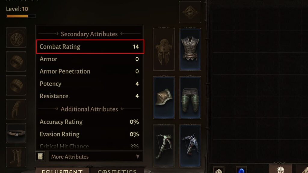 diablo Immortal more attributes menu showing off where you can find combat rating