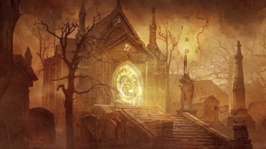 Diablo Immortal Key Art showing off a church with a demonic portal in the entrance
