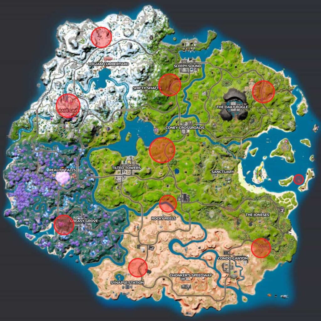 Fortnite chapter 3 season 3 map showing off the locations of where to find a Grapple Glove