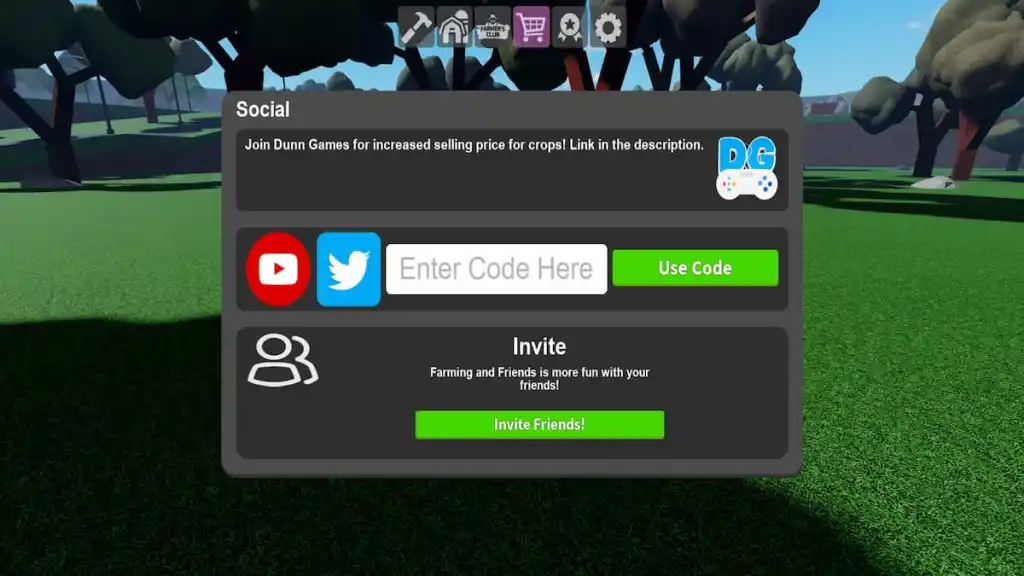 Redeem code text box for Farming and Friends