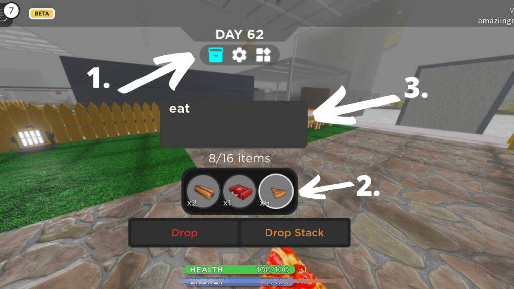 Inventory menu with arrows detailing where to click