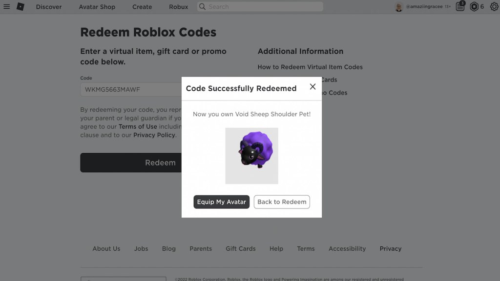 Roblox - Void Sheep Shoulder Pet DLC  Prime Gaming CD Key