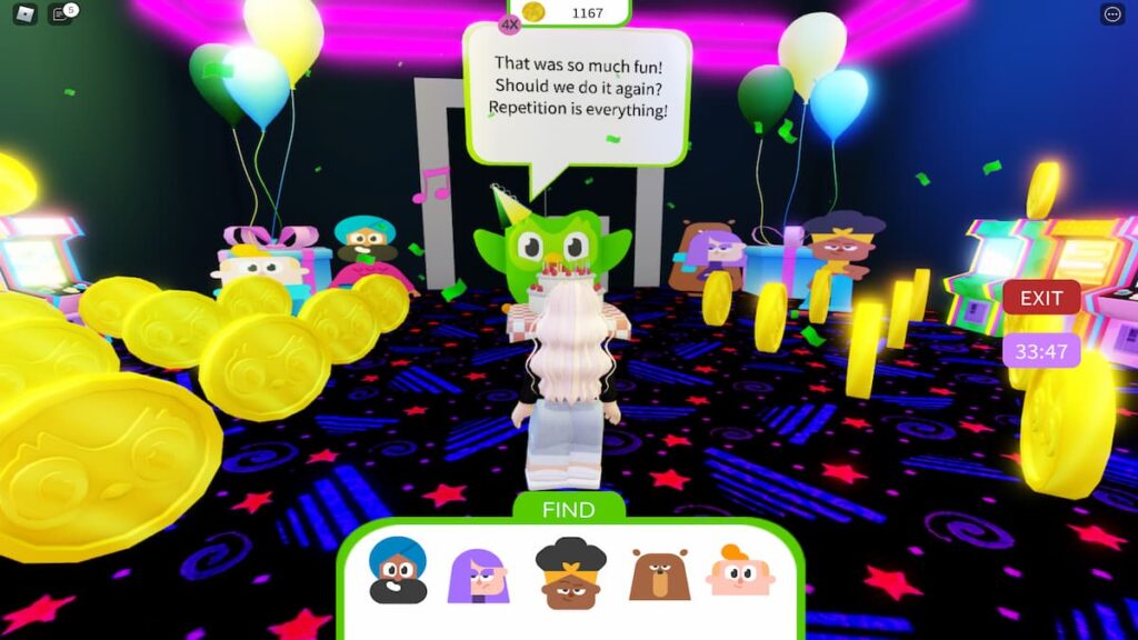 Mascot Duolingo in his birthday hat surrounded by his friends and tons of gold coins