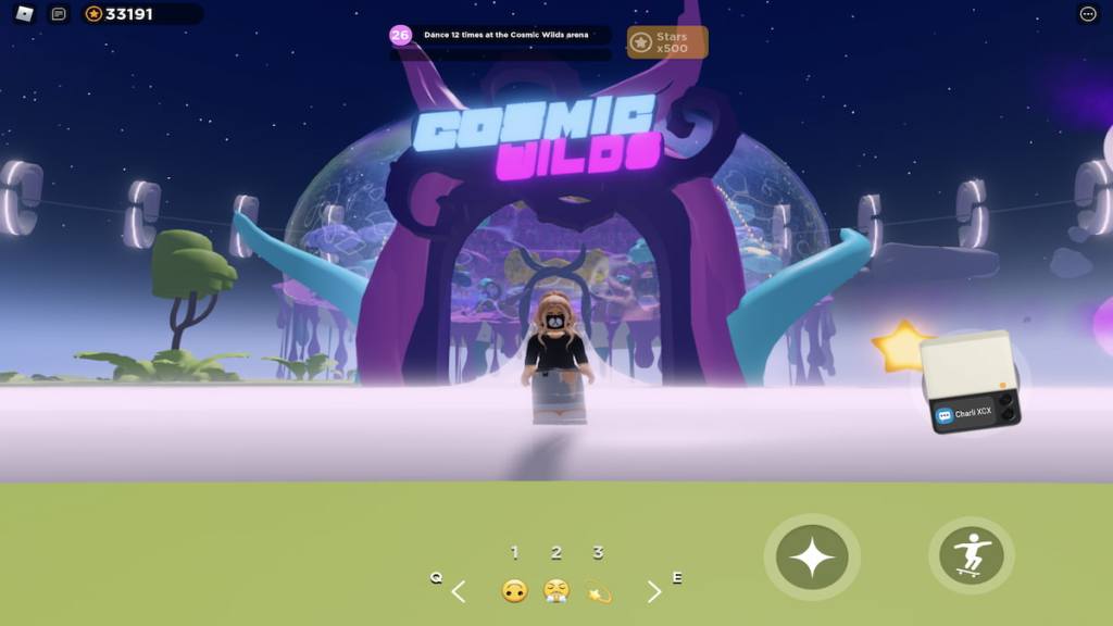 Roblox avatar standing in front of archway that reads "Cosmic Wilds"