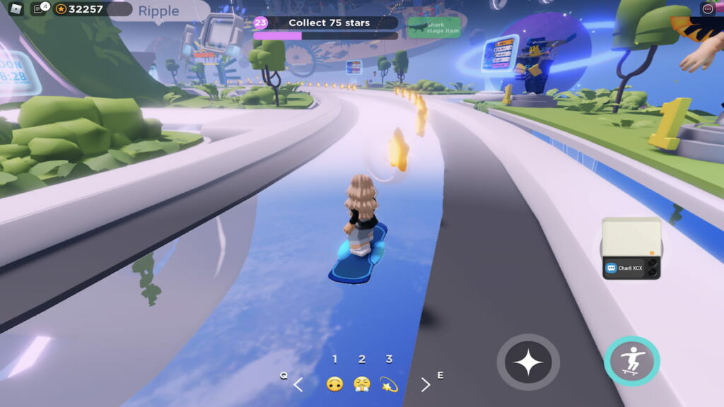 Roblox avatar riding on hoverboard collecting Star currency