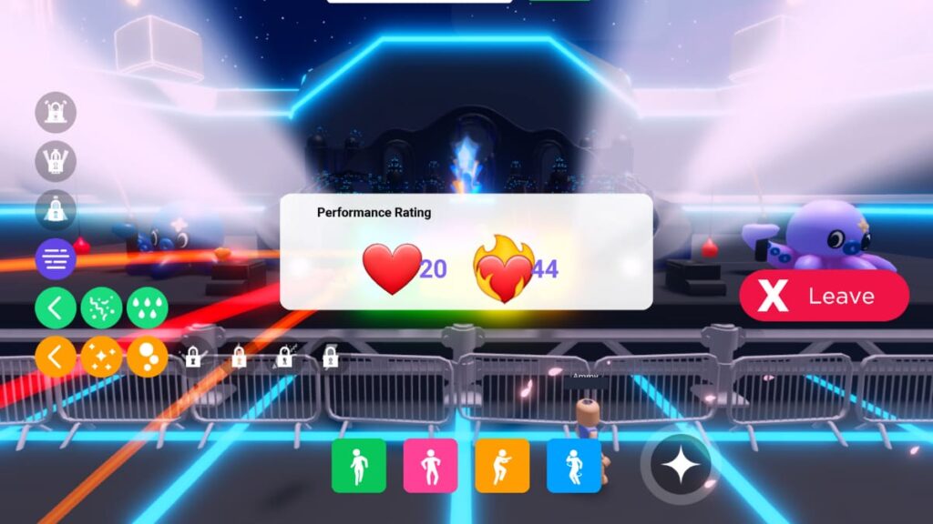 Performance rating results menu featuring the total number of heart emojis earned