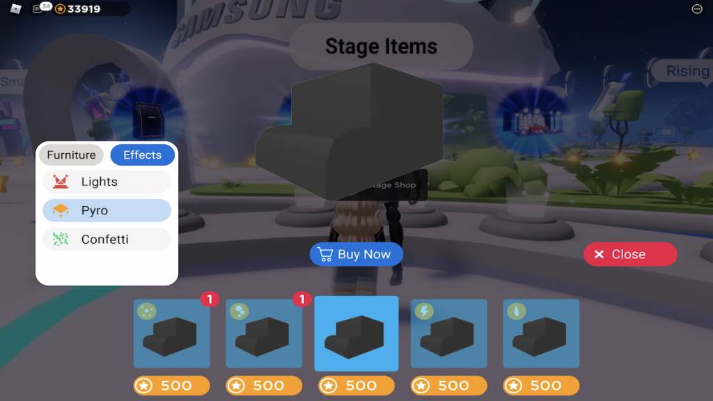 Menu showing the various stage items that can be purchased