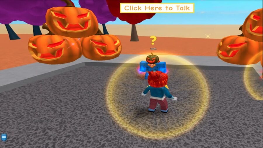 Roblox avatar stands in front of avatar with black pumpkin head on asphalt road. Stacks of three pumpkins are on either side of the pumpkin head avatar