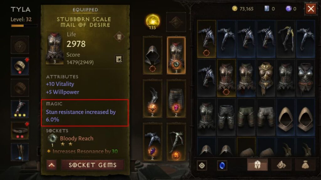 Diablo Immortal inventory with item stats