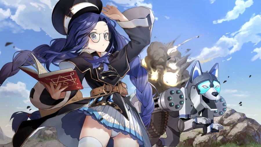 Idle huntress with blue hair and robot dog
