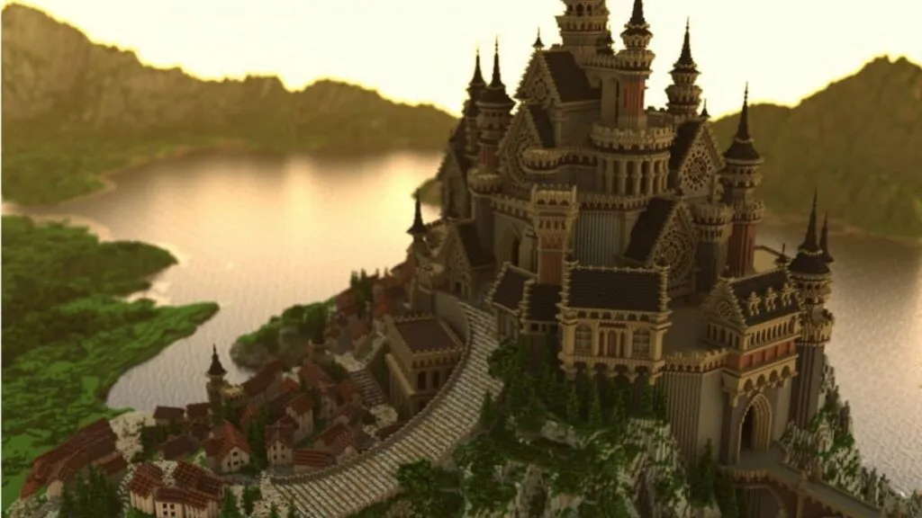 Minecraft castle dyed in morning glow