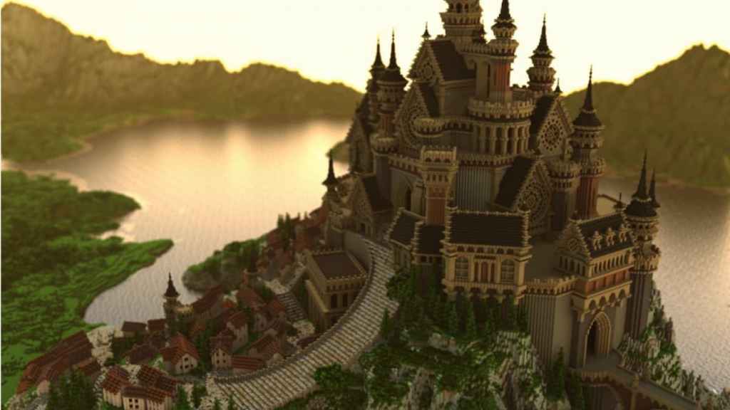 Kastil Minecraft diwarnai dalam cahaya pagi