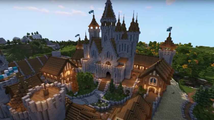 Bèntèng gedhe kanthi menara sing dibangun ing Minecraft