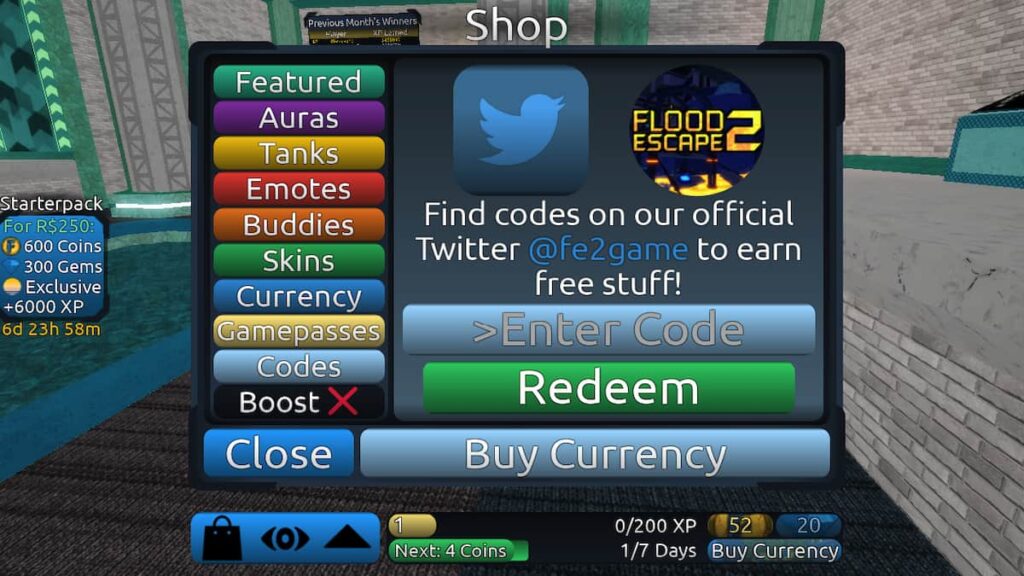Redeem text box for Roblox Flood Escape 2