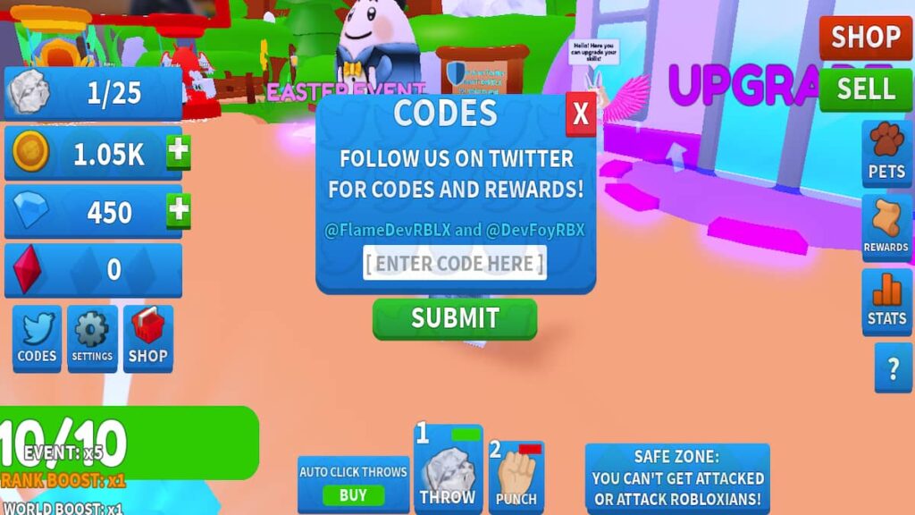 Redeem code text box for Throwing Simulator