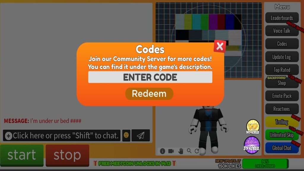 Redeem Code text box for Roblox Ro-Meet codes