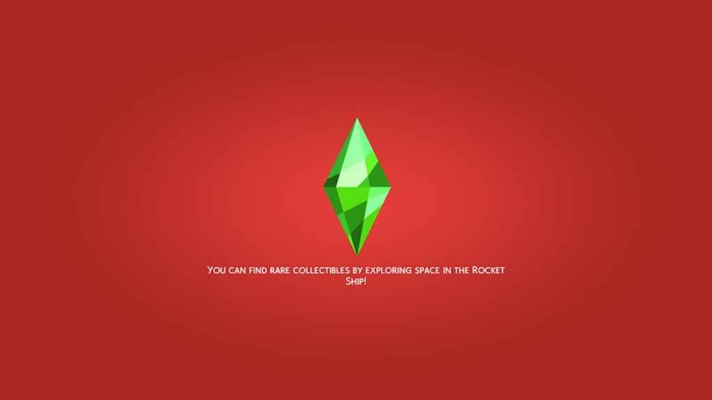 Sims 4 plumbob in center of image with helper text beneath. The background is all red with a lighter glow around the plumbob. 