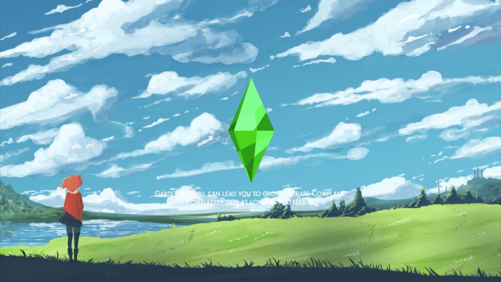 Illustration of person in red sweater and skit standing on the left side of the image overlooking a green field. An edge of a blue lake is on the edge of the screen behind the person with a blue sky with clouds about. In the center of the image is the Sims 4 plumbob and helper text.