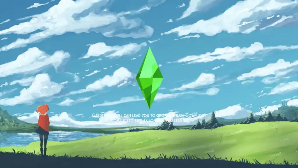 Illustration of person in red sweater and skit standing on the left side of the image overlooking a green field. An edge of a blue lake is on the edge of the screen behind the person with a blue sky with clouds about. In the center of the image is the Sims 4 plumbob and helper text.