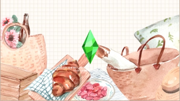 Sims 4 loading screen with green plumbob in foreground. In background is illustration of picnic overlaid on beige grid paper.  