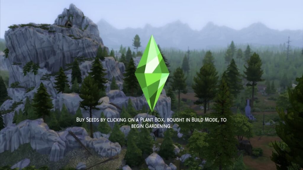 Still from Sims 4's Moonlight Bay featuring a rocky mountain surrounded by evergreen trees. There is mist clouding the mountains in the background. The foreground features the Sims 4 plumbob and helper text.
