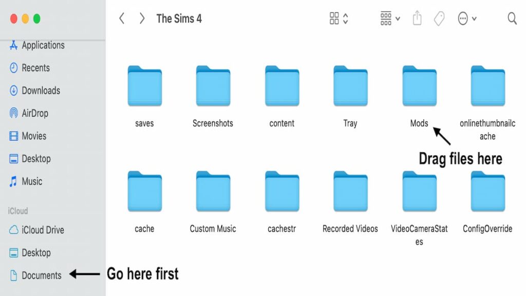 Mac's finder window, displaying content for the Sims 4 document with arrows pointing at the words documents and mods